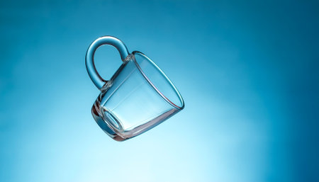 clear glass cup floating or flying isolated on light blue backgroundの写真素材