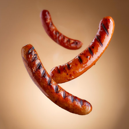 grilled sausages floating or flying isolated on biege backgroundの写真素材