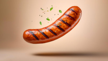 grilled sausages floating or flying isolated on biege backgroundの写真素材