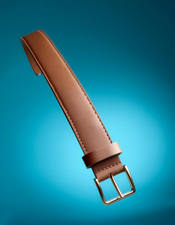 Leather watch strap floating or flying isolated on light blue backgroundの写真素材