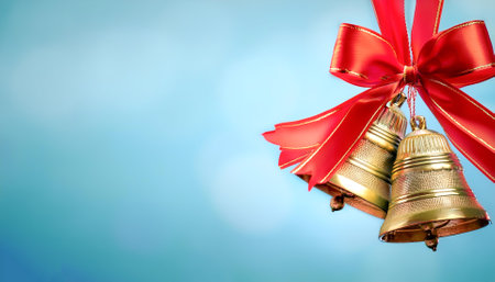 golden bells with red ribbons hanging from them floating or flying isolated on light blue backgroundの写真素材