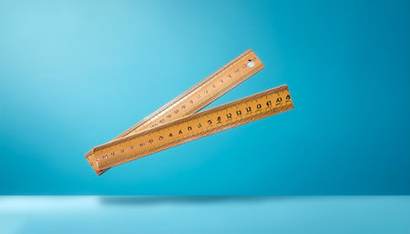 Ruler clips floating or flying isolated on light blue backgroundの写真素材