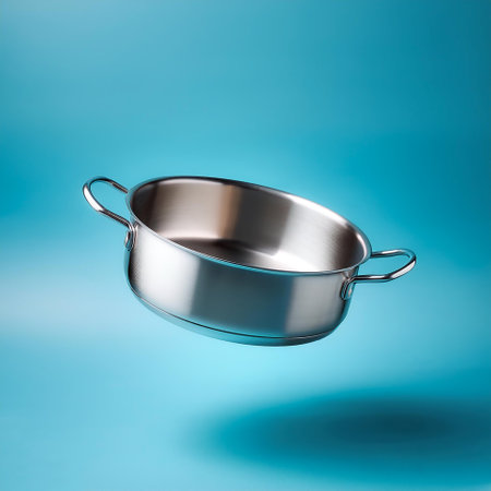 Stainless steel pan floating or flying isolated on light blue backgroundの写真素材
