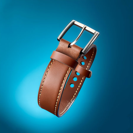 Leather watch strap floating or flying isolated on light blue backgroundの写真素材