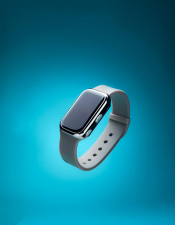 Fitness Tracker floating or flying isolated on light blue backgroundの写真素材
