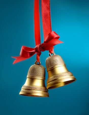 golden bells with red ribbons hanging from them floating or flying isolated on light blue backgroundの写真素材