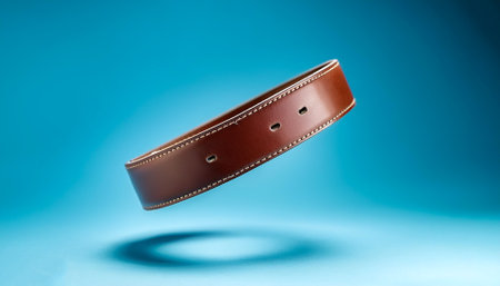 Leather belt floating or flying isolated on light blue backgroundの写真素材