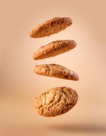 oatmeal cookies floating or flying isolated on biege backgroundの写真素材