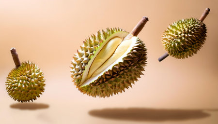 durian floating or flying isolated on biege backgroundの写真素材