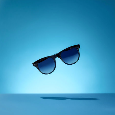 Sunglasses floating or flying isolated on light blue backgroundの写真素材