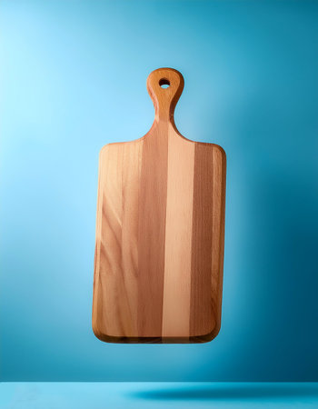 Wooden Cutting board floating or flying isolated on light blue backgroundの写真素材