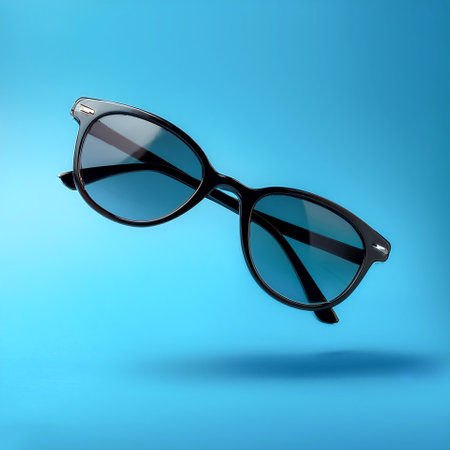 Sunglasses floating or flying isolated on light blue backgroundの写真素材