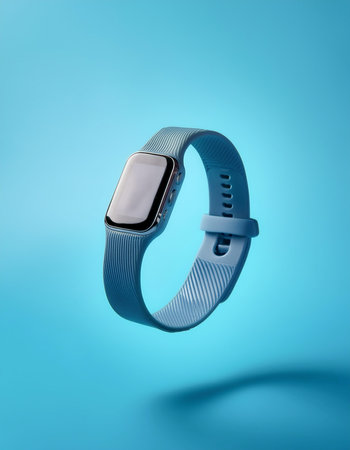 Fitness Tracker floating or flying isolated on light blue backgroundの写真素材