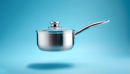 Stainless steel pan floating or flying isolated on light blue backgroundの写真素材