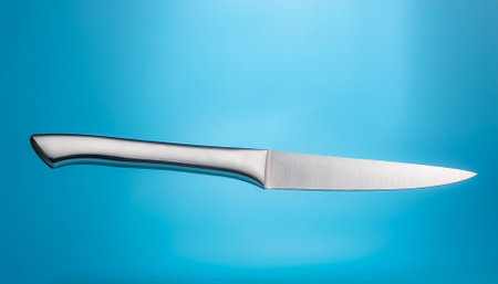 Stainless steel knife isolated on light blue backgroundの写真素材