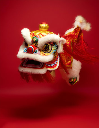 lion dance or barong sai, to celebrate lunar new year floating or flying isolated on Clean Red backgroundの写真素材