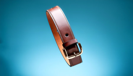 Leather belt floating or flying isolated on light blue backgroundの写真素材