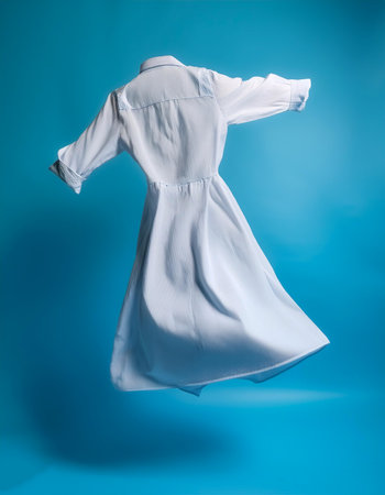 White shirt dress floating or flying isolated on light blue background
