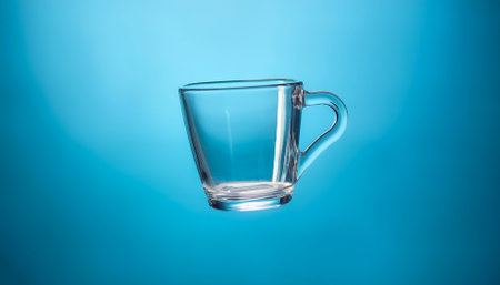 clear glass cup floating or flying isolated on light blue backgroundの写真素材