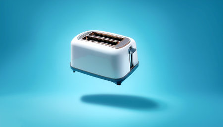 Toaster Machine floating or flying isolated on light blue backgroundの写真素材
