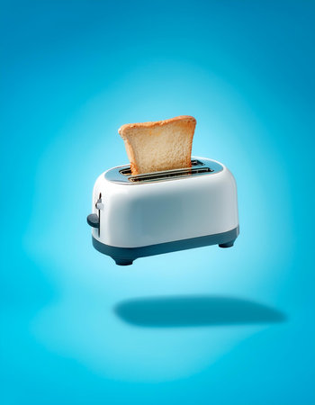 Toaster Machine floating or flying isolated on light blue backgroundの写真素材