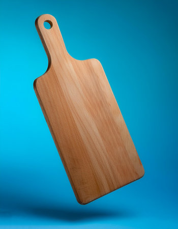 Wooden Cutting board floating or flying isolated on light blue backgroundの写真素材