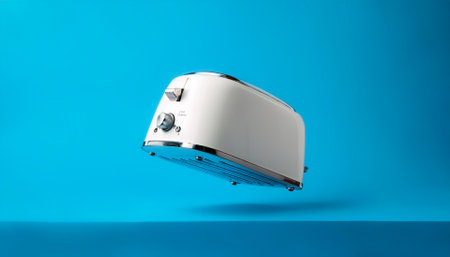Toaster Machine floating or flying isolated on light blue backgroundの写真素材