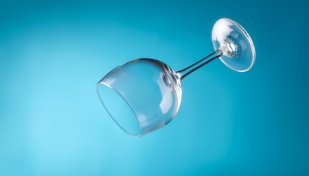 Empty wine glass floating or flying isolated on light blue background
