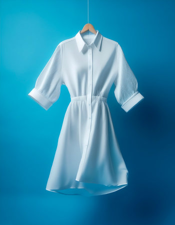 White shirt dress floating or flying isolated on light blue backgroundの写真素材