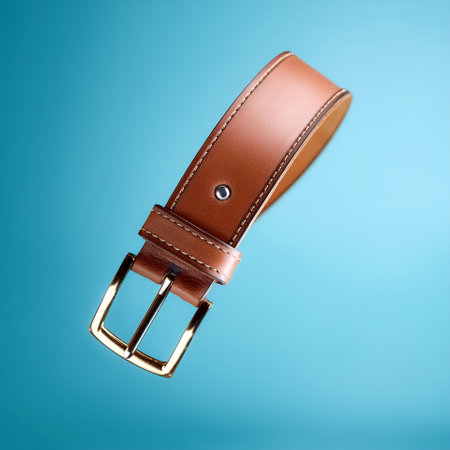 Leather belt floating or flying isolated on light blue backgroundの写真素材