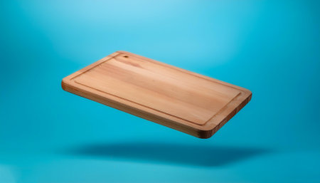 Wooden Cutting board floating or flying isolated on light blue backgroundの写真素材
