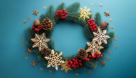 Festive Christmas wreath. Round frame made of conifer branches decorated with cones, artificial red berries and decorative gold snowflakesの写真素材