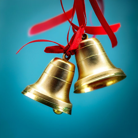golden bells with red ribbons hanging from them floating or flying isolated on light blue backgroundの写真素材