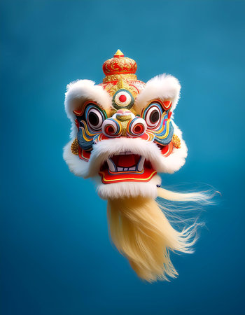 lion dance or barong sai floating or flying isolated on light blue backgroundの写真素材