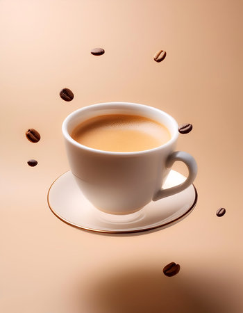 Cup of coffee floating or flying isolated on biege backgroundの写真素材