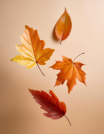 autumn leaves floating or flying isolated on biege background