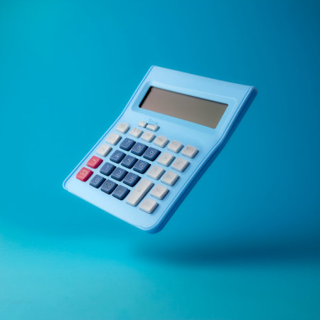 Calculator floating or flying isolated on light blue background
