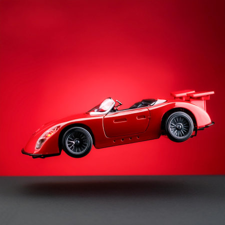 a red toy race car floating or flying isolated on Clean Red backgroundの写真素材