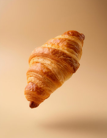 Croissant floating or flying isolated on biege backgroundの写真素材
