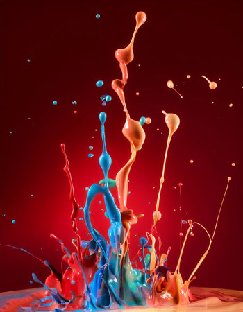 Colorful paint splashes blending in mid air floating or flying isolated on Clean Red backgroundの写真素材