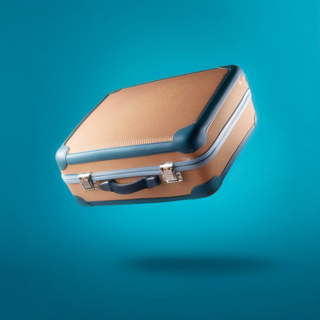 Classic suitcase floating or flying isolated on light blue backgroundの写真素材