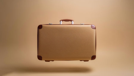 Classic suitcase floating or flying isolated on biege backgroundの写真素材