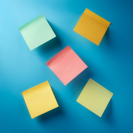 Post it notes floating or flying isolated on light blue background