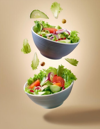 Salad bowls floating or flying isolated on biege backgroundの写真素材