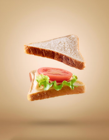 Sandwich floating or flying isolated on biege backgroundの写真素材