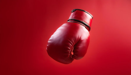 Red leather boxing glove floating or flying isolated on Clean Red backgroundの写真素材