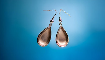 Simple earrings placed floating or flying isolated on light blue backgroundの写真素材