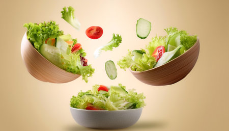 Salad bowls floating or flying isolated on biege backgroundの写真素材