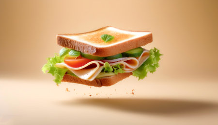 Sandwich floating or flying isolated on biege backgroundの写真素材