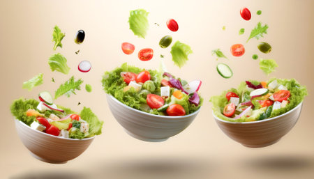 Salad bowls floating or flying isolated on biege backgroundの写真素材
